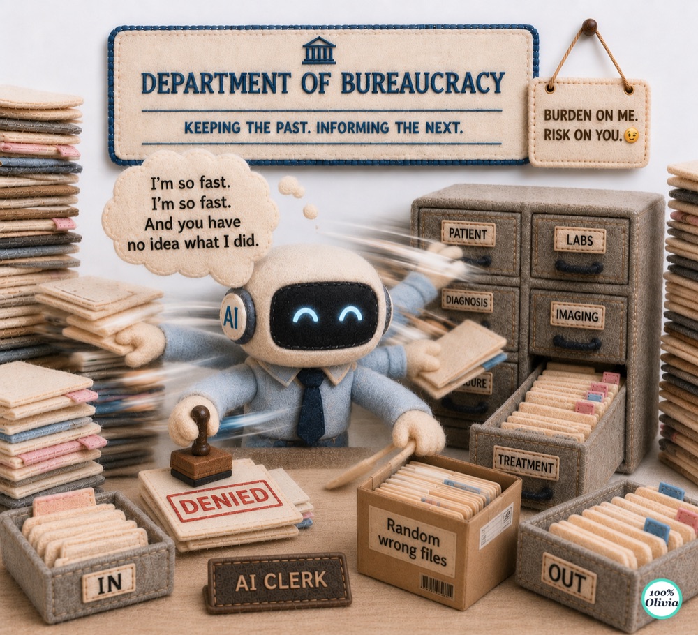 Felt-art illustration: an AI clerk rapidly stamping and misfiling records at the Department of Bureaucracy
