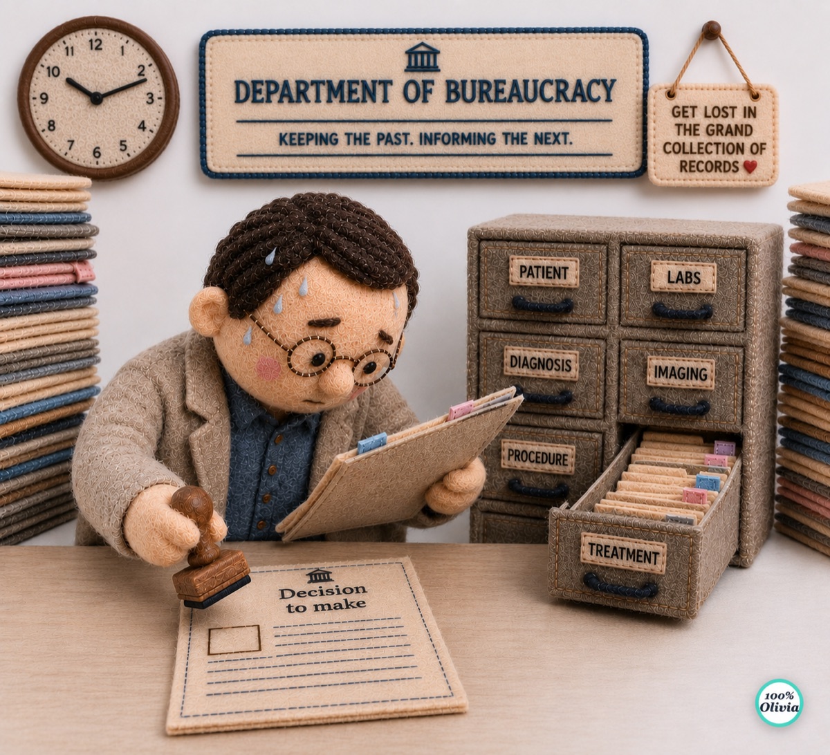 Felt-art illustration: an overwhelmed human clerk at the &lsquo;Department of Bureaucracy&rsquo; surrounded by record drawers